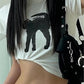 White crop top with black cat print