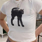 White crop top with black cat print