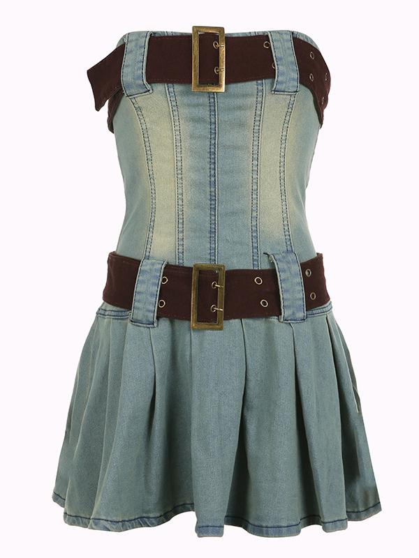 Strapless denim mini dress with a narrow belt