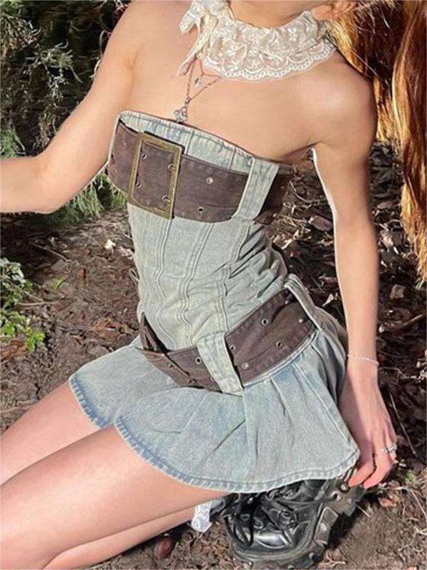 Strapless denim mini dress with a narrow belt