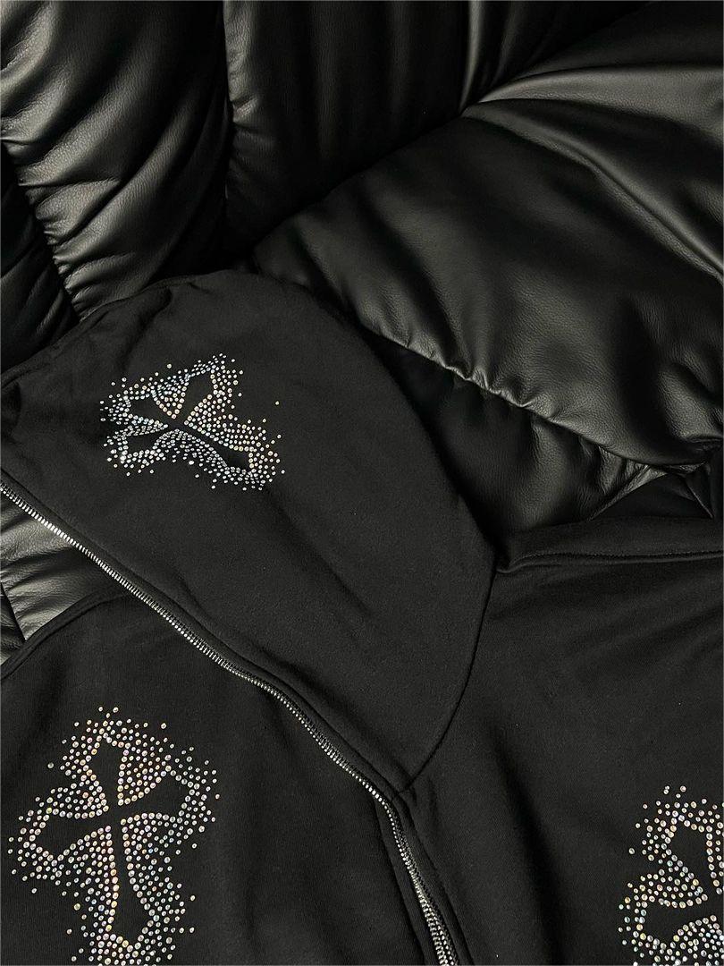 Zip up hoodie with rhinestone cross pattern