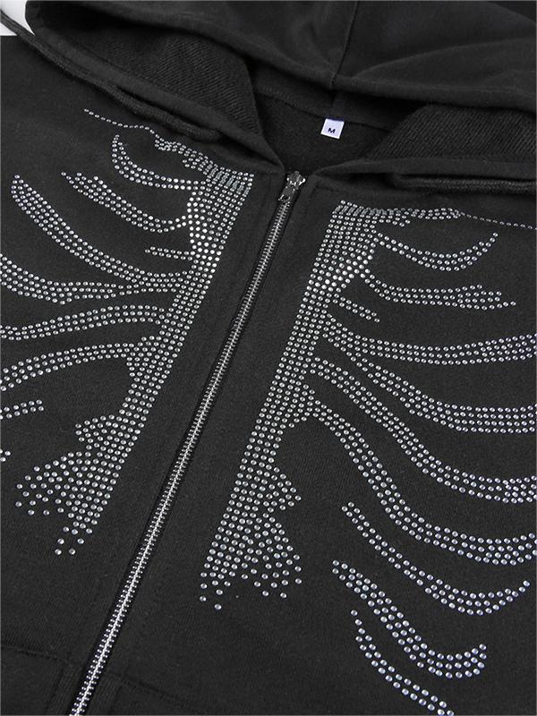 Black hoodie with zipper and rhinestone skull