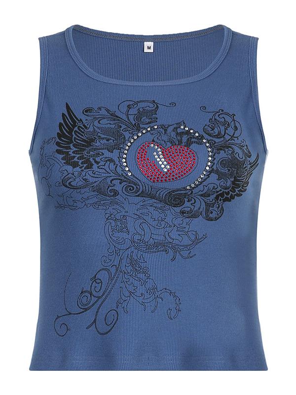 Rib crop tank top with heart rhinestone motif