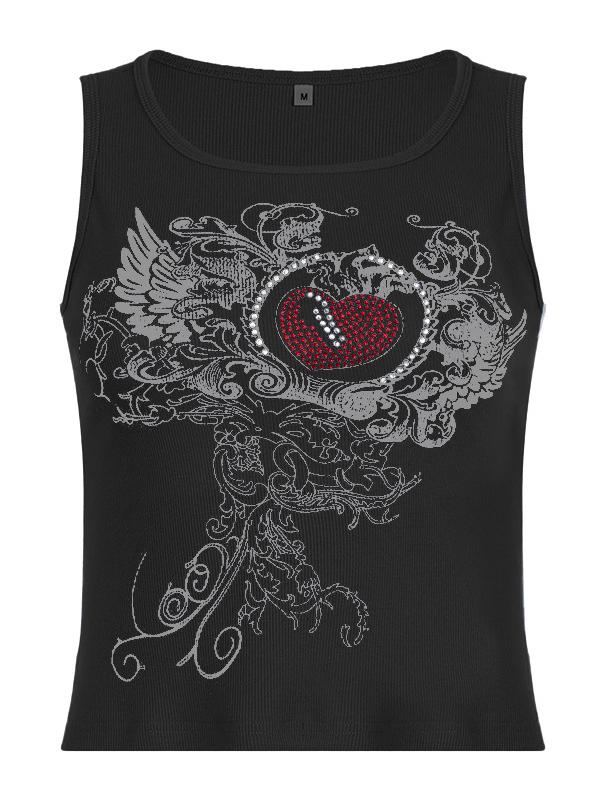 Rib crop tank top with heart rhinestone motif