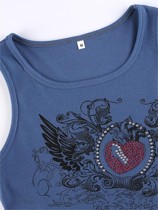 Rib crop tank top with heart rhinestone motif