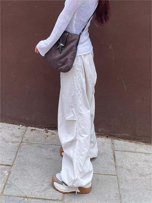 White Low Waist Parachute Cargo Pants