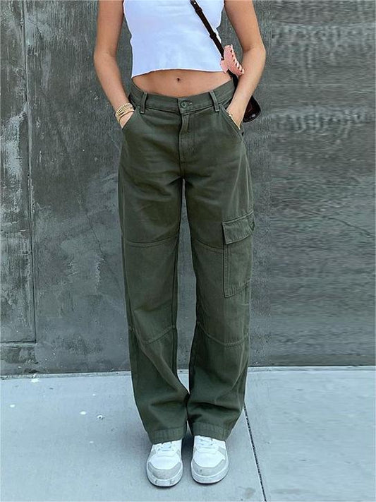 Green straight cargo jeans with patch pockets