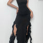 Black asymmetric bandeau maxi dress with ruffles