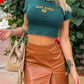 Green short sleeve crop top with embroidered vintage logo