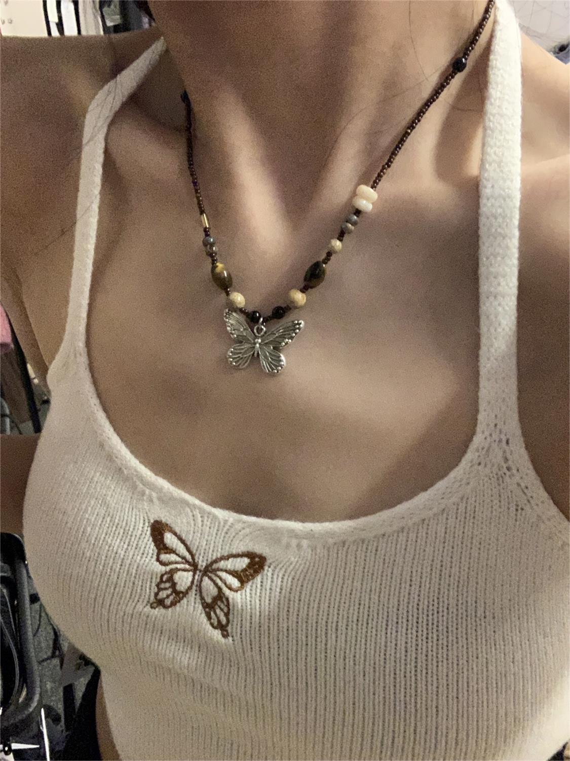 Vintage butterfly necklace with pearl stones