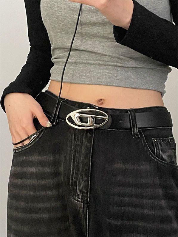 Black retro belt with silver letter logo