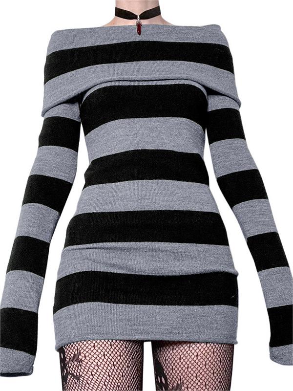 Strapless long-sleeved knitted mini dress with stripes