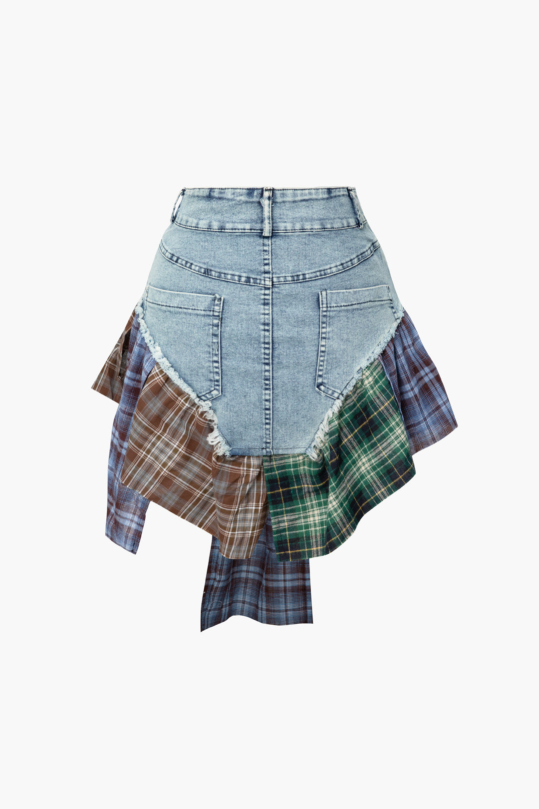 Vintage Asymmetric Checkered Patchwork Denim Mini Skirt