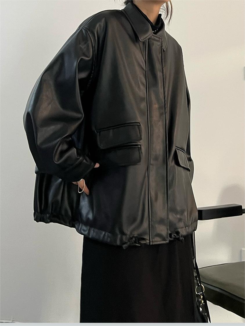 Retro Oversized Black Faux Leather Jacket with Zipper