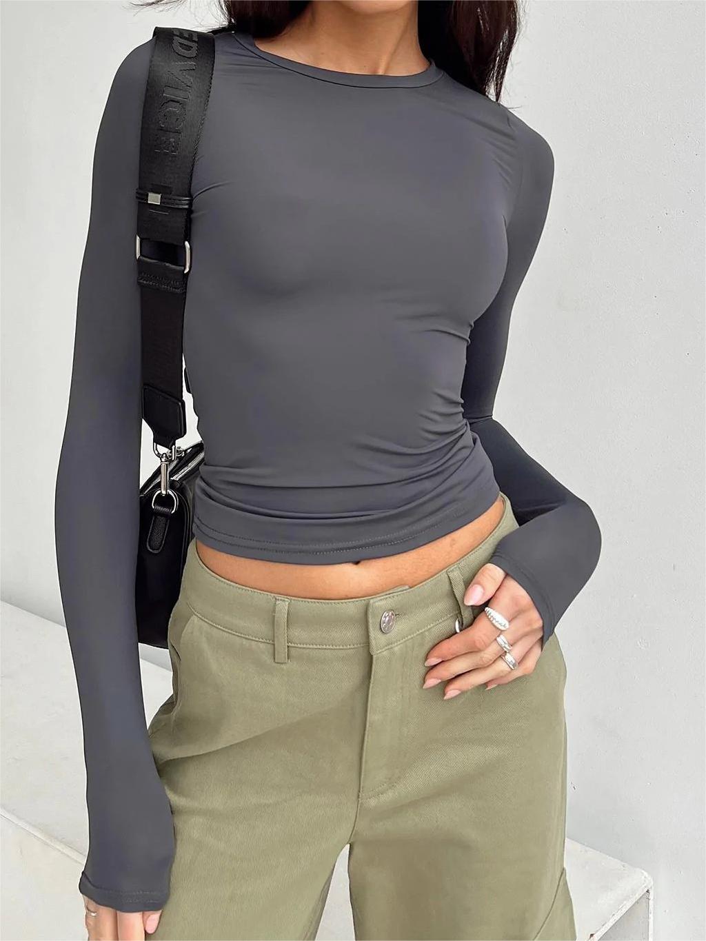 Classic Solid Color Long Sleeve Stretch Basic Crop Top