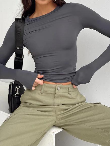 Classic Solid Color Long Sleeve Stretch Basic Crop Top