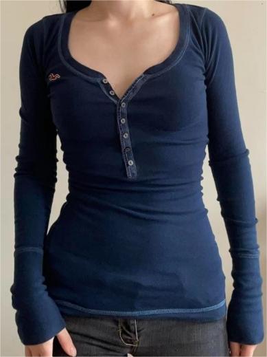 Vintage Navy Blue Ribbed Long Sleeve V-Neck Top