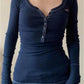 Vintage Navy Blue Ribbed Long Sleeve V-Neck Top