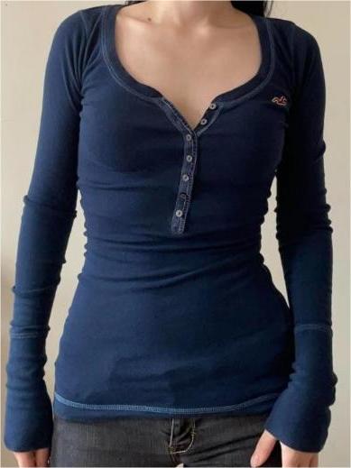 Vintage Navy Blue Ribbed Long Sleeve V-Neck Top