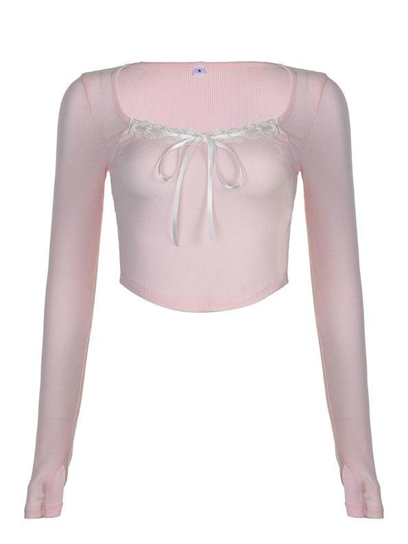 Vintage pink knit top with square neckline and lace insert