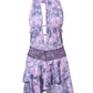 Y2k Purple Mini Plunge Neck Dress with Lace and Print