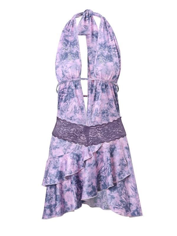 Y2k Purple Mini Plunge Neck Dress with Lace and Print