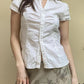 White vintage simple ruffle blouse with short sleeves and V neck