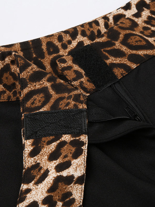 Leopard splice flared trousers with elastic waistband