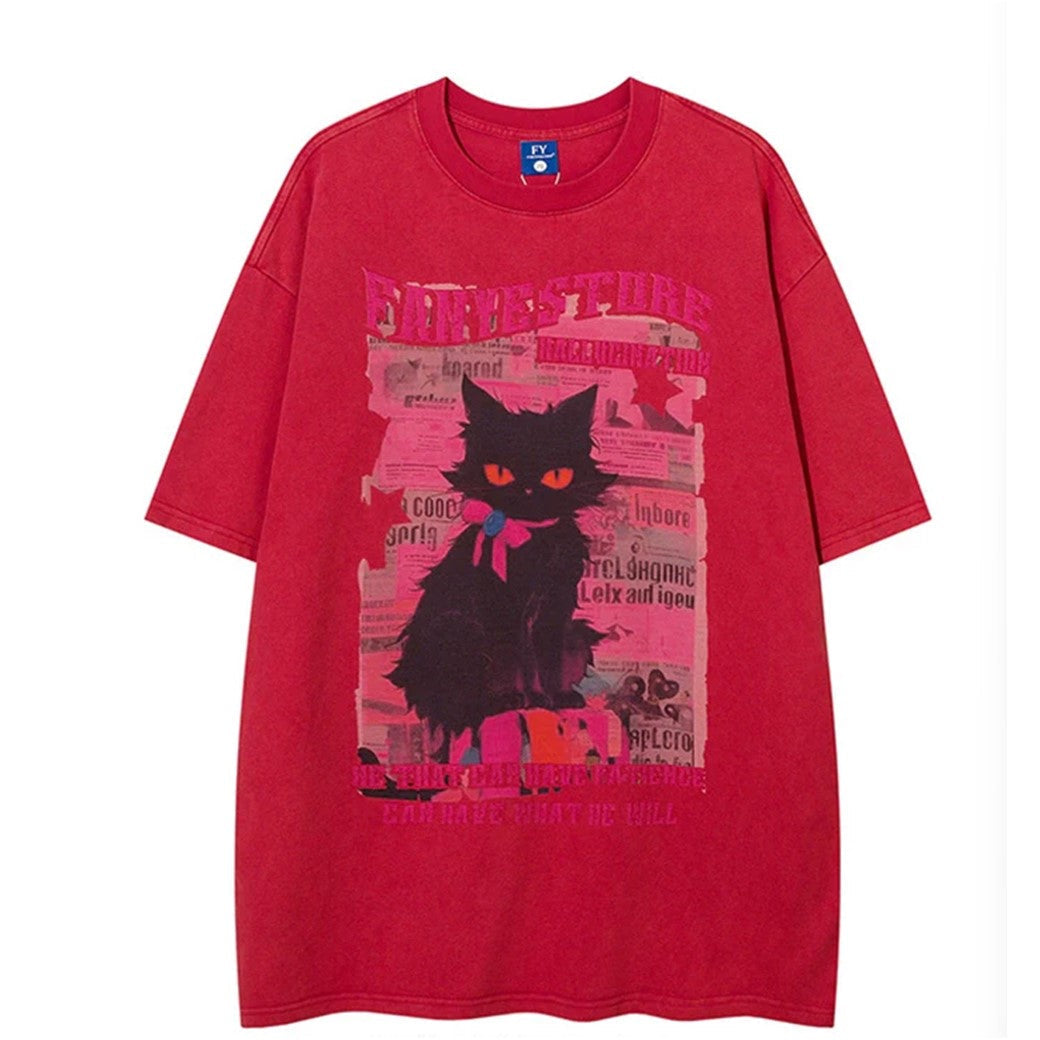 Contrast Y2K cat print short sleeve t-shirt