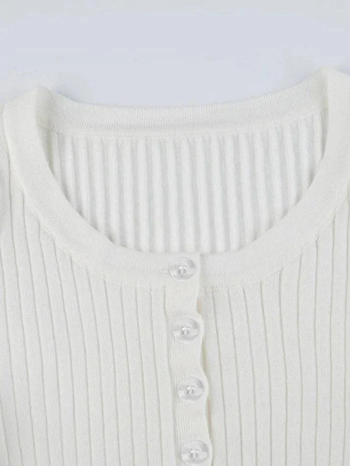 White basic rib knit top with button placket and long sleeves