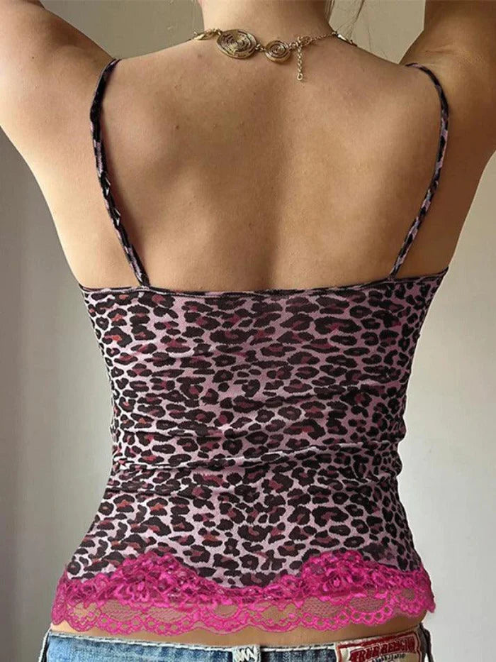 Pink Vintage Leopard Print Lace Trim Cami Top