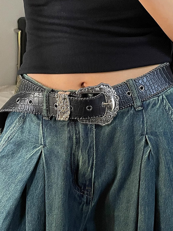 Black vintage buckle belt with engraved crocodile pattern