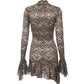 Vintage lace V neck mini dress with trumpet sleeves