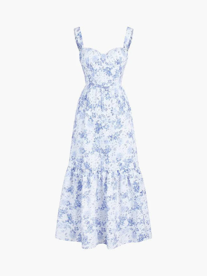 Blue vintage floral dress with zip and pockets