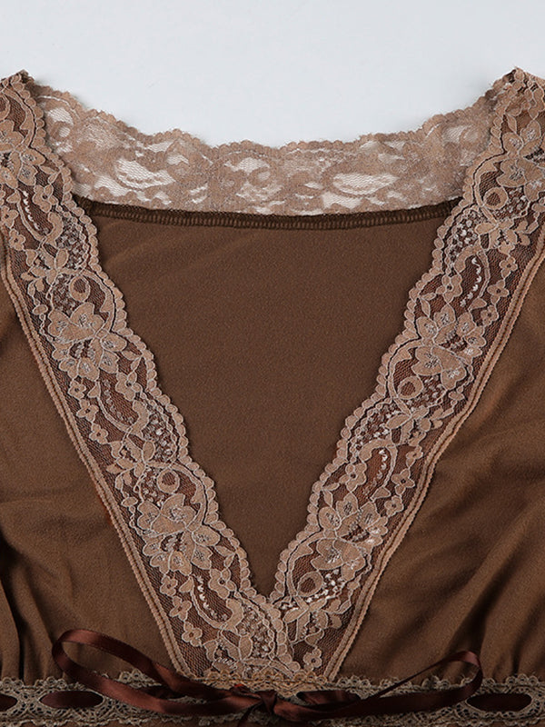 Vintage Brown Street Lace Up Long Sleeve Top