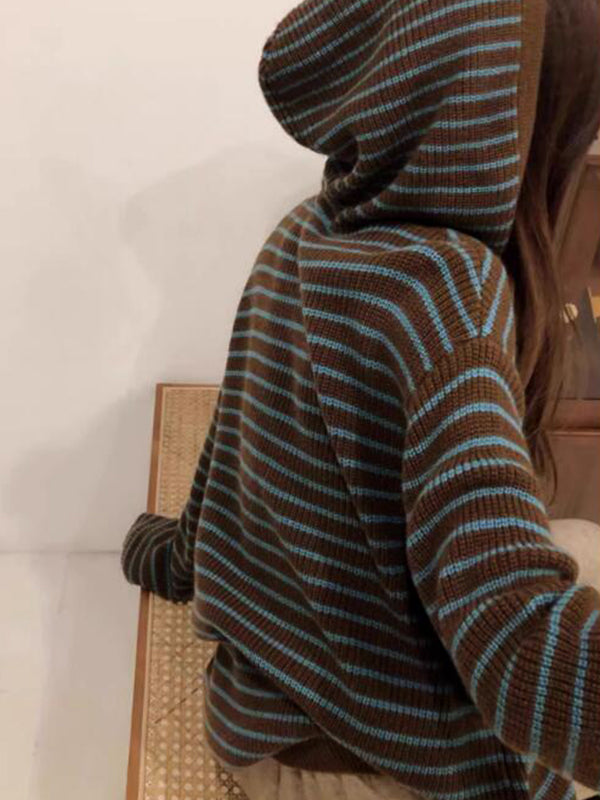 Y2K Coffee Colored Hooded Knit Sweater with Stripes and Lace-Up