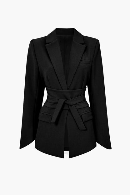 Plain basic blazer with lapel collar and belt 