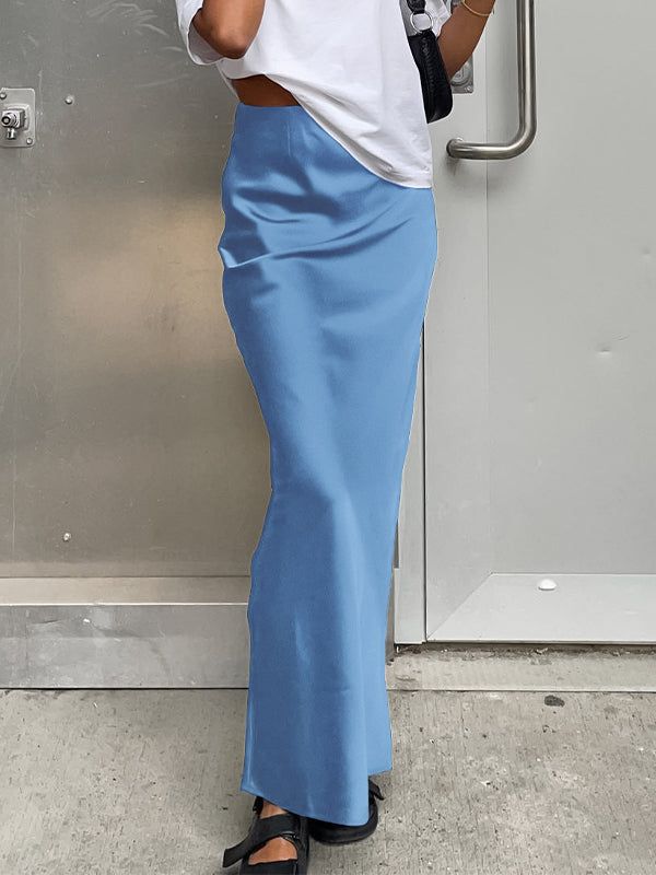 Blue French Satin Wrap Maxi Skirt