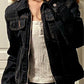 Vintage Black Denim Jacket with Lapel Collar and Zipper