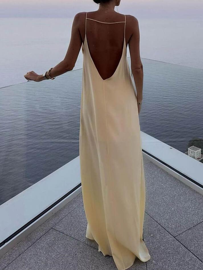 Beige Vintage Backless Holiday Long Dress with Round Neck