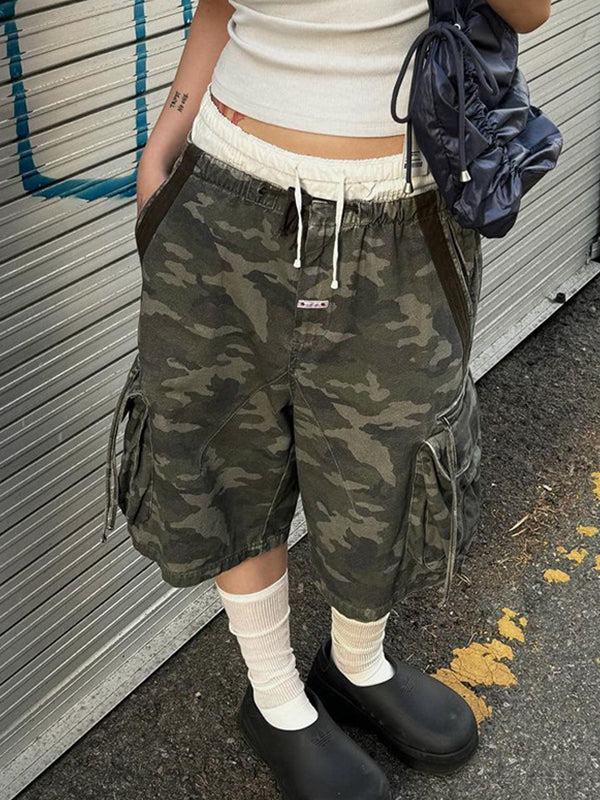 2000s Camouflage Drawstring Three-dimensional Pocket Denim Shorts