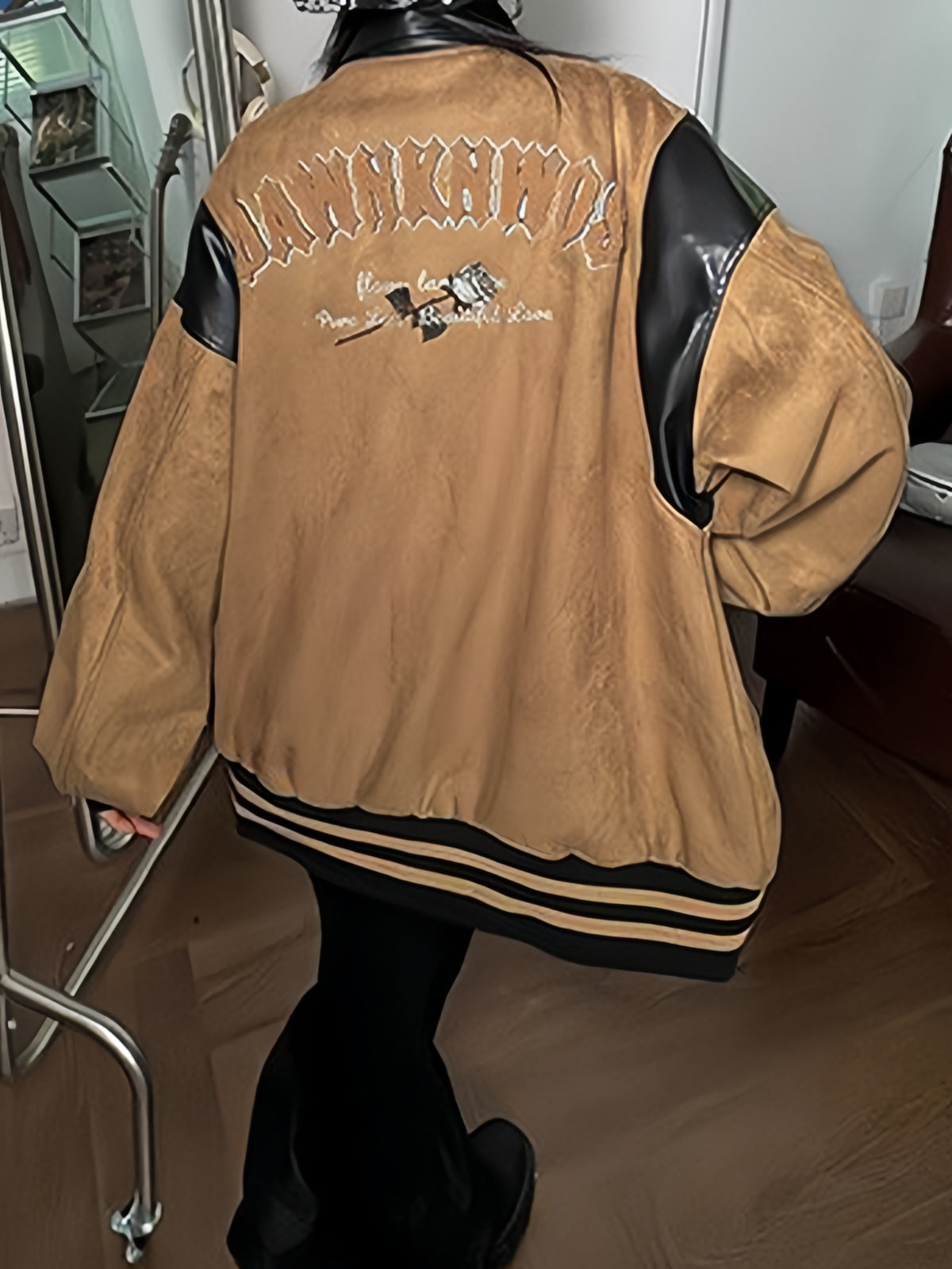 Vintage brown velor leather jacket with embroidery