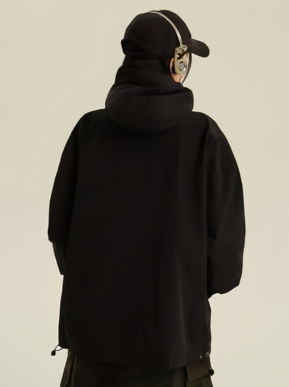 Retro Black Waterproof Oversize Outdoor Jacket with Hood