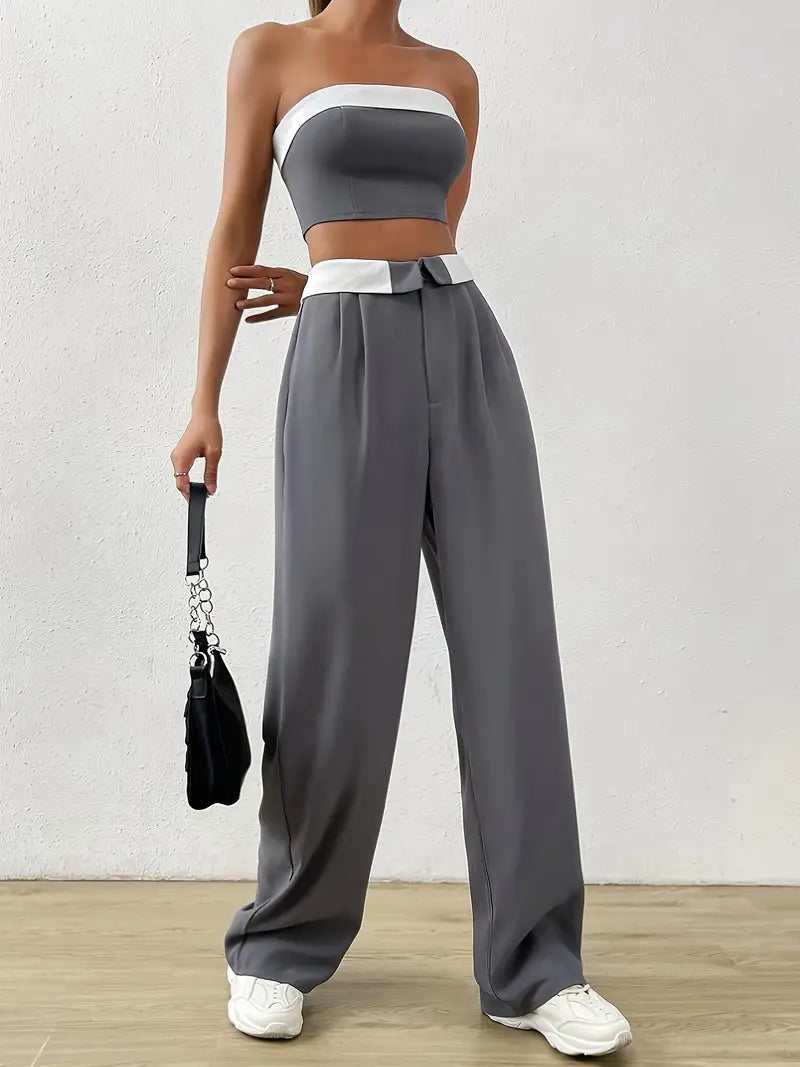 Contrast Color Vintage Off Shoulder Bandeau Top &amp; Pants Two Piece Set 