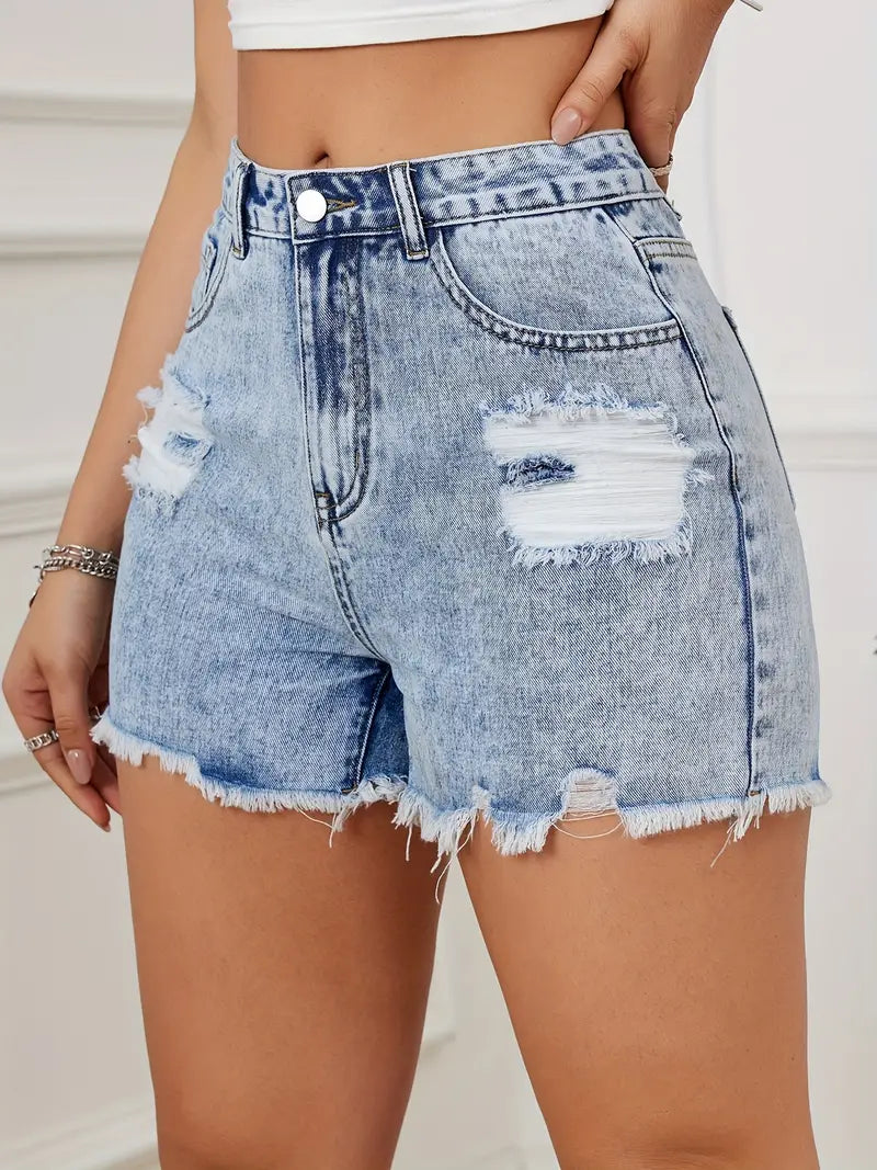 Ripped Raw Hem Denim Shorts with Washed