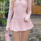 Pink Cute Ruched Ruffle Hem Long Sleeve Slim Mini Dress