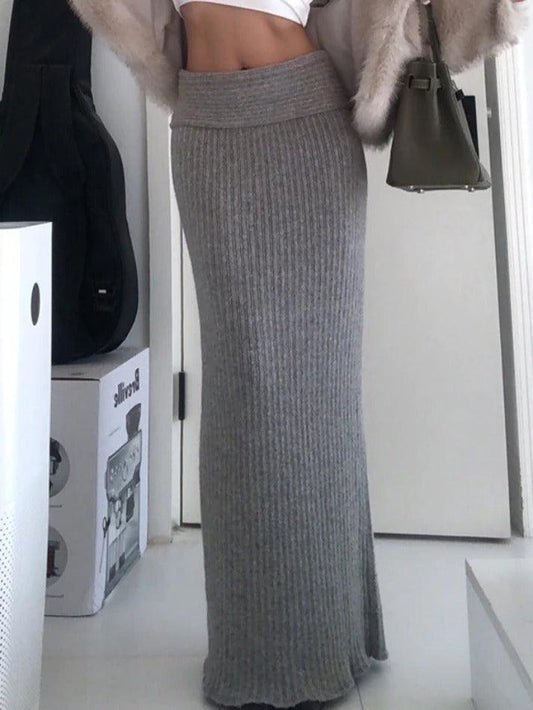 Grey Solid Low Rise Maxi Skirt with Folded Waistband