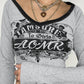 Contrast color vintage letter print long sleeve V neck t-shirt