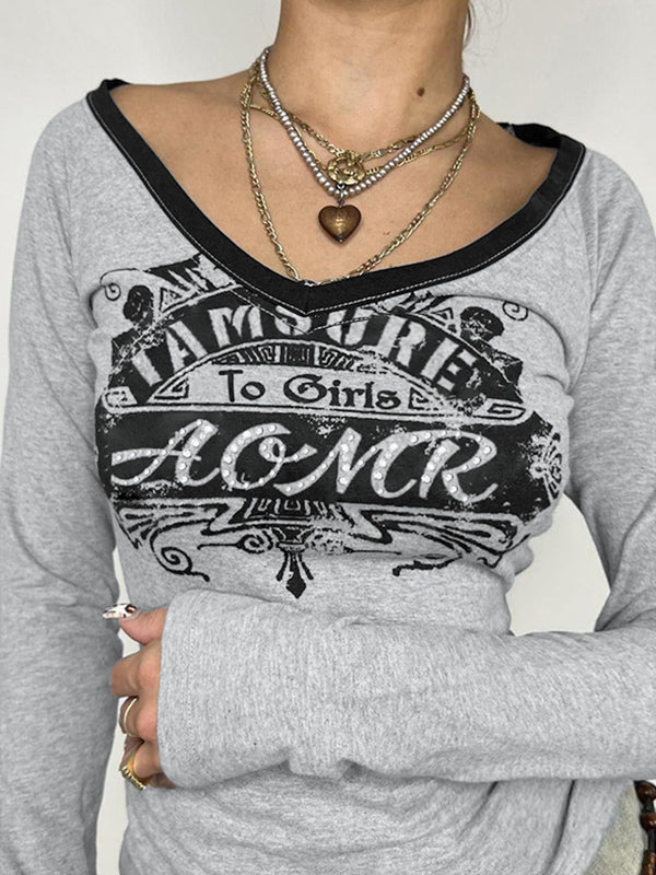 Contrast color vintage letter print long sleeve V neck t-shirt