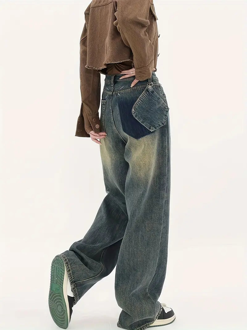 Vintage distressed baggy boyfriend jeans with cut pockets